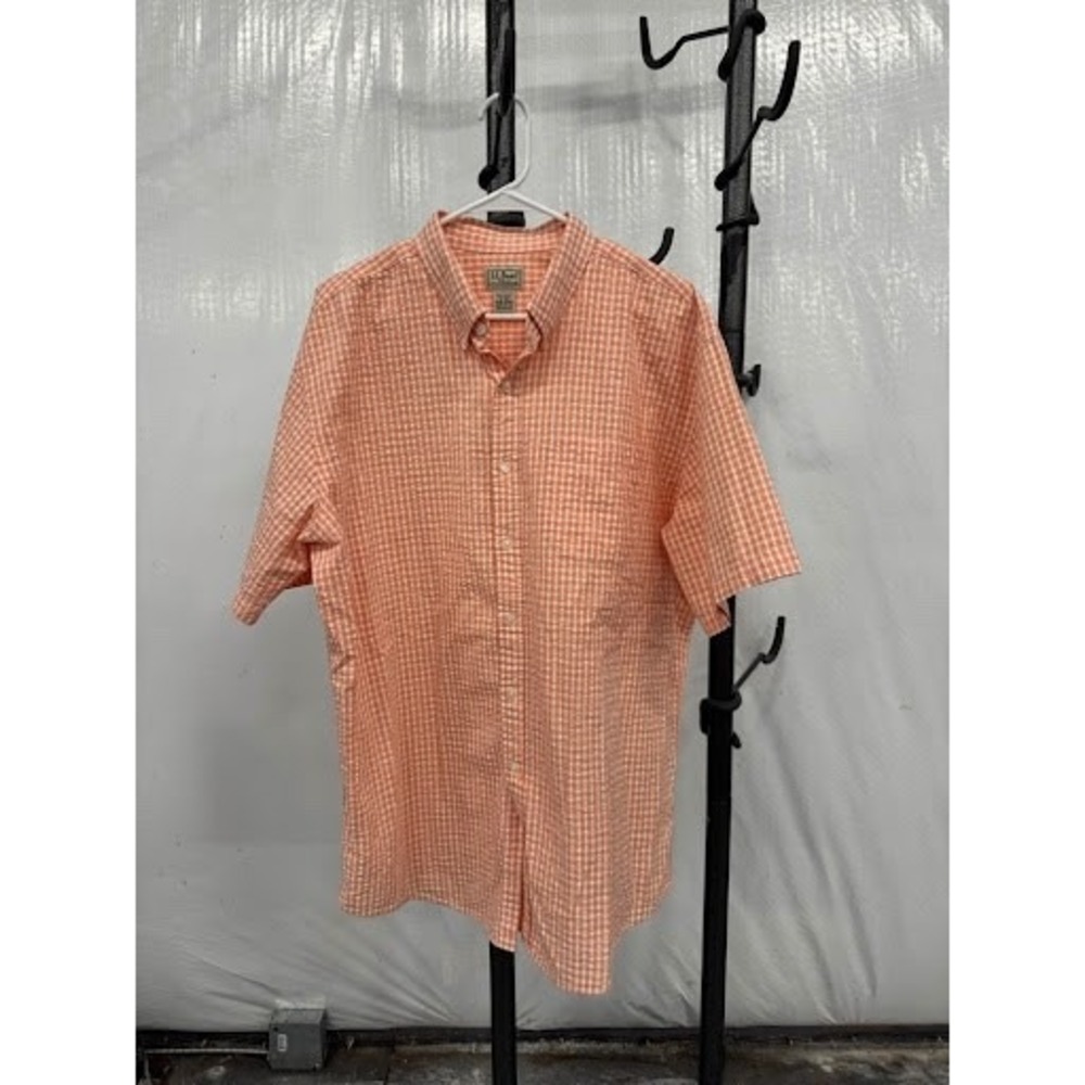 LL Bean Mens XL Regular Gingham Shirt Orange White Short Sleeve Cotton Button Up